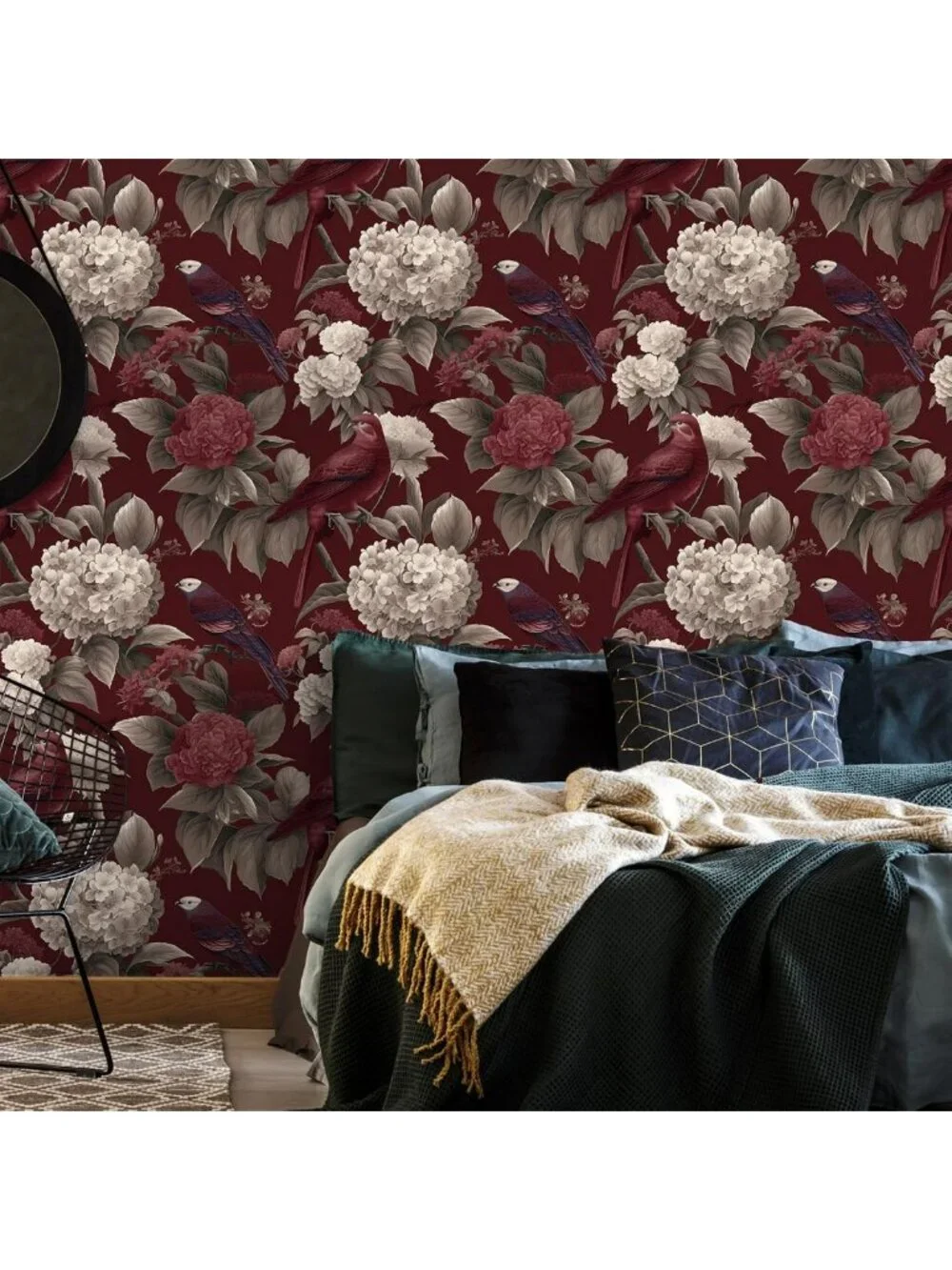 Deep Burgundy Floral Peel and Stick Wallpaper - Vintage Hydrangeas & Birds